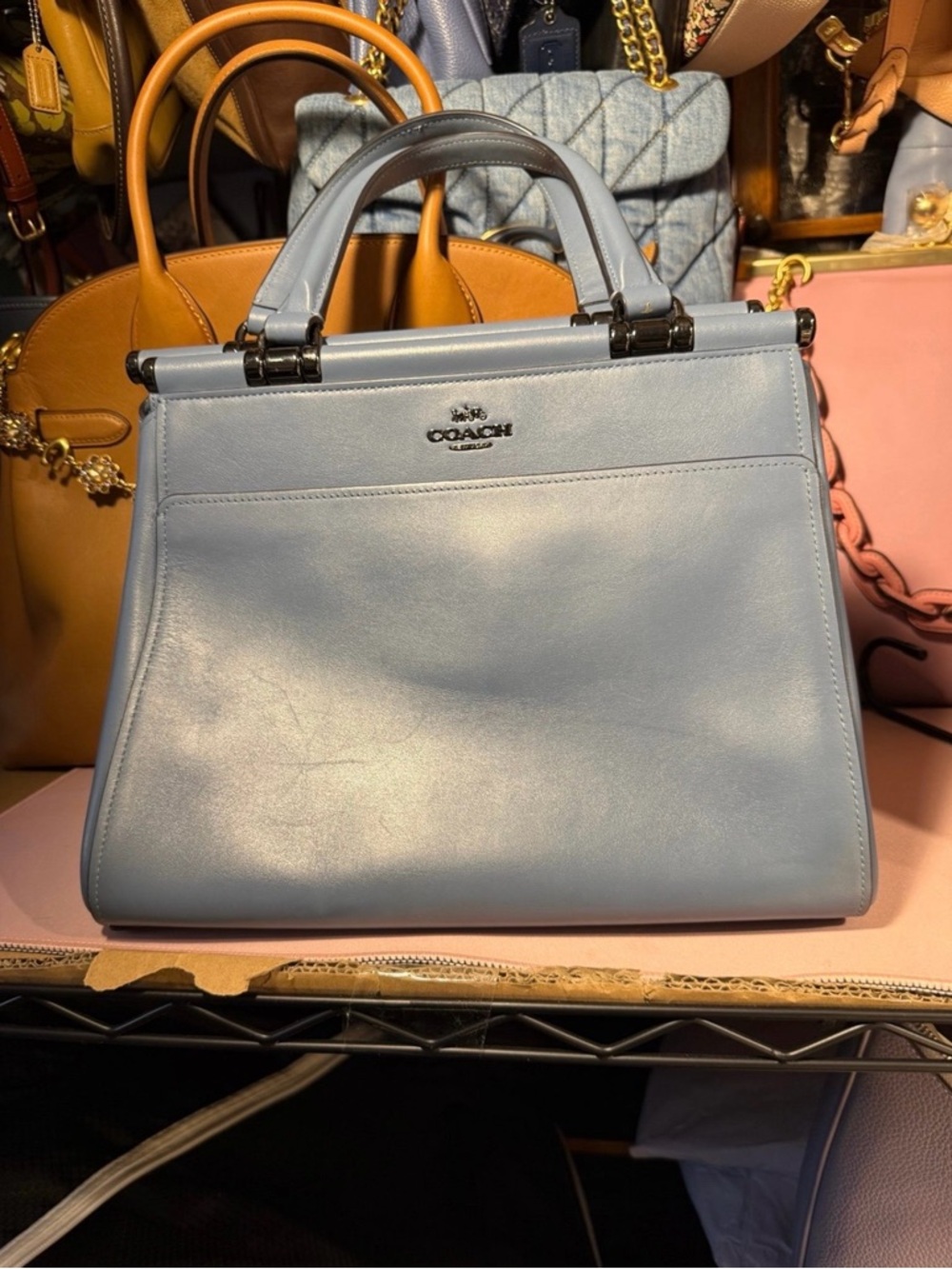 Coach Frame Carryall 28 Blue Leather Satchel Gunmetal 31916 - Picture 2 of 10